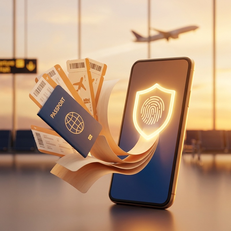 Passport and tickets flowing into a phone with a glowing fingerprint lock at an airport