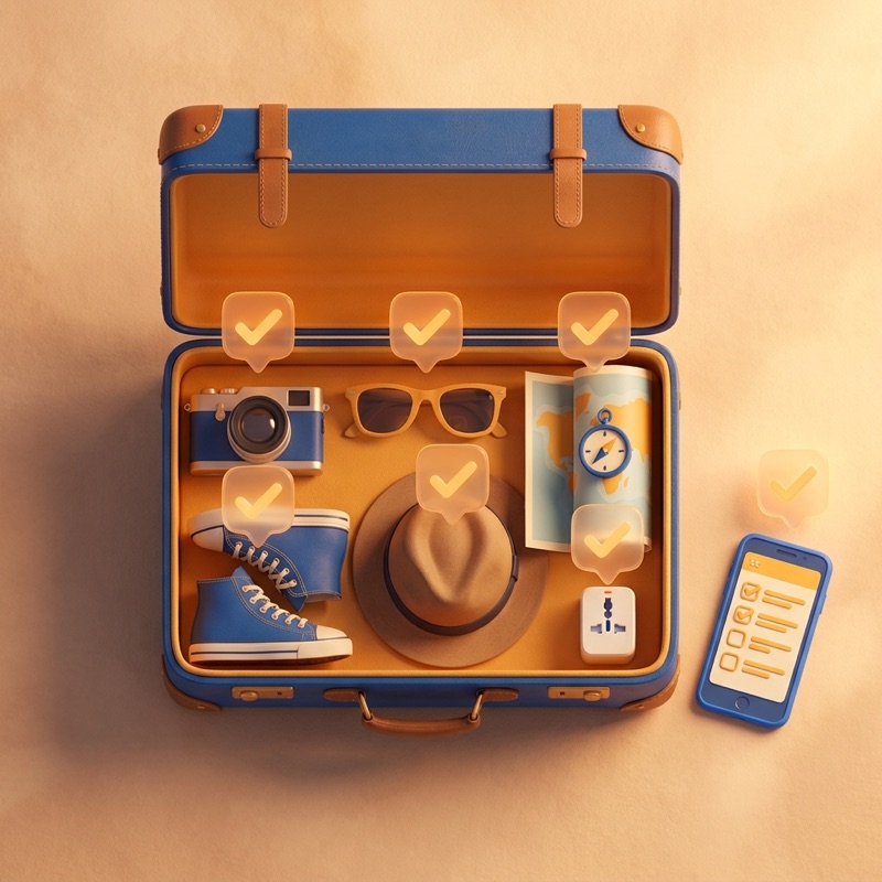 Open packed suitcase with floating checklist checkmarks and a phone showing a to-do list